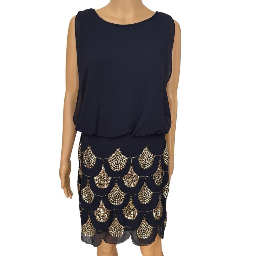 Betsy & Adam cocktail dress draped chiffon gold sequined scalloped sz 6 NWT